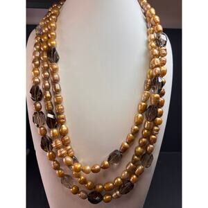 NEW smoky quartz and pearl multi strand necklace with sterling silver clasp